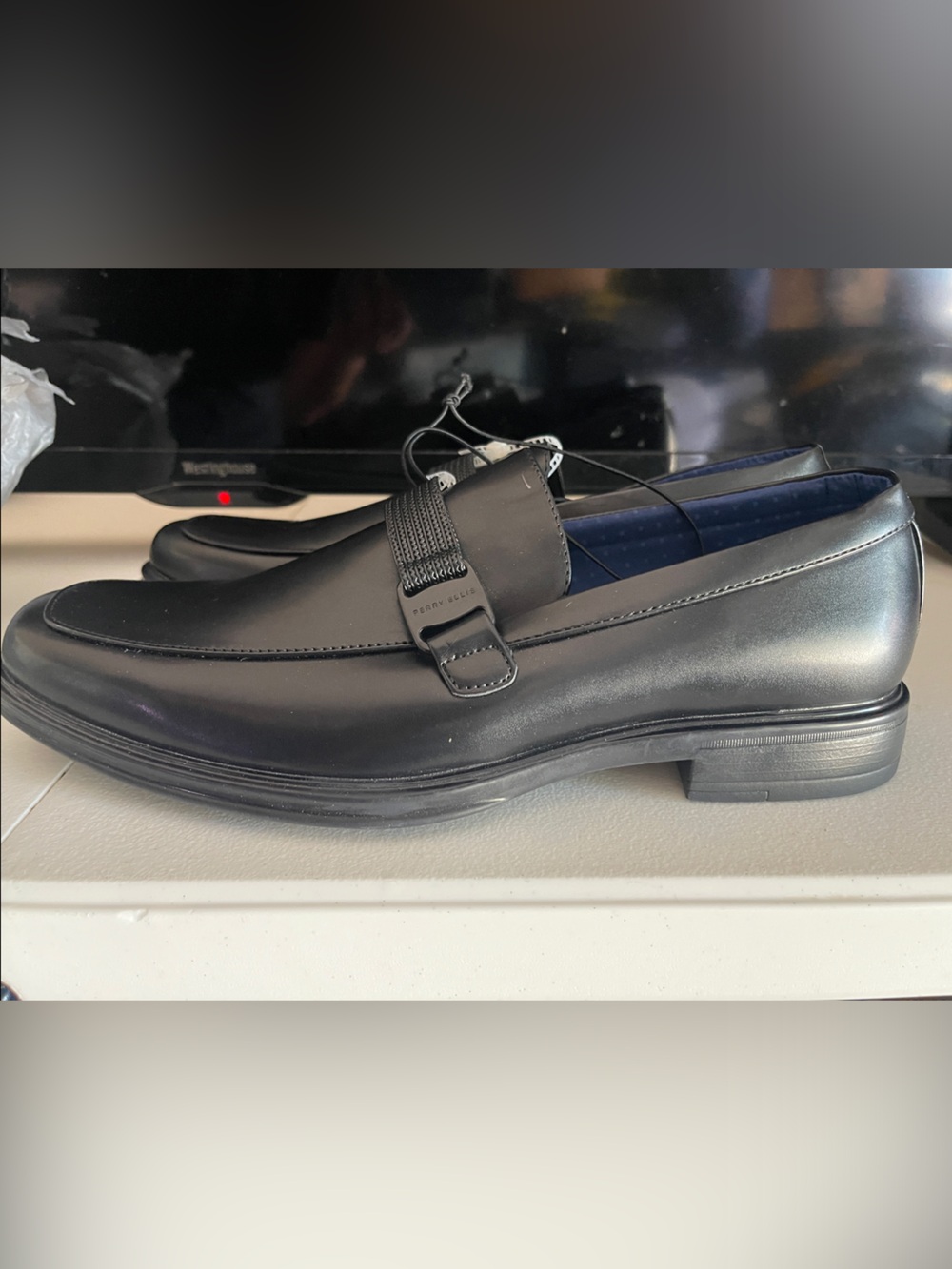 Perry Ellis Black Leather Slip-On Loafers with Strap Detail